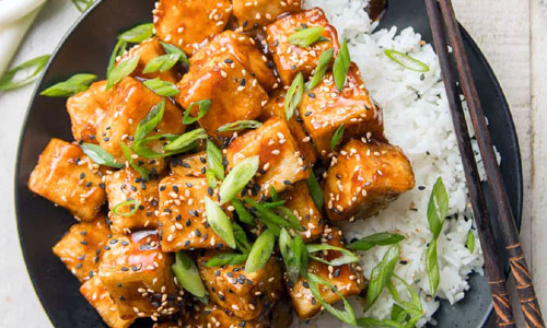 Crispy Sesame Tofu on a plate